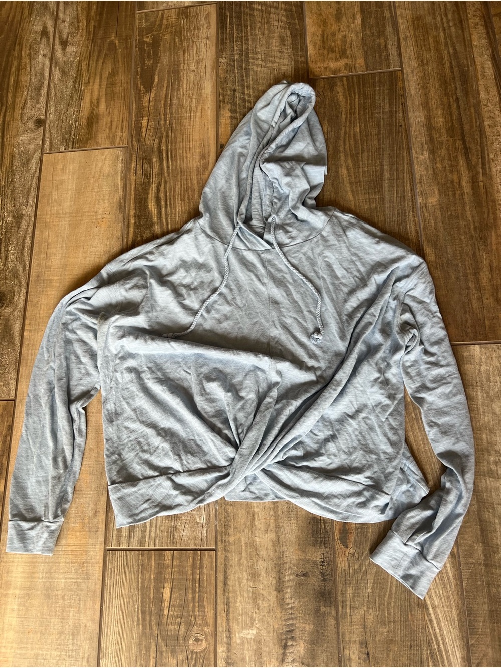 flirtitude Light Blue/Gray Twist-Front Hooded Pullover